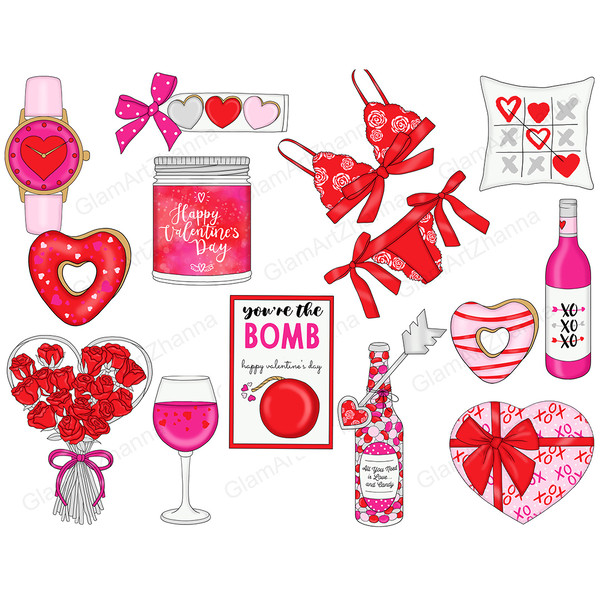 Pink women's watch with a heart in the dial, a donut in the shape of a heart with red icing, a bouquet of red roses, a glass of rose wine, valentine's day lacy