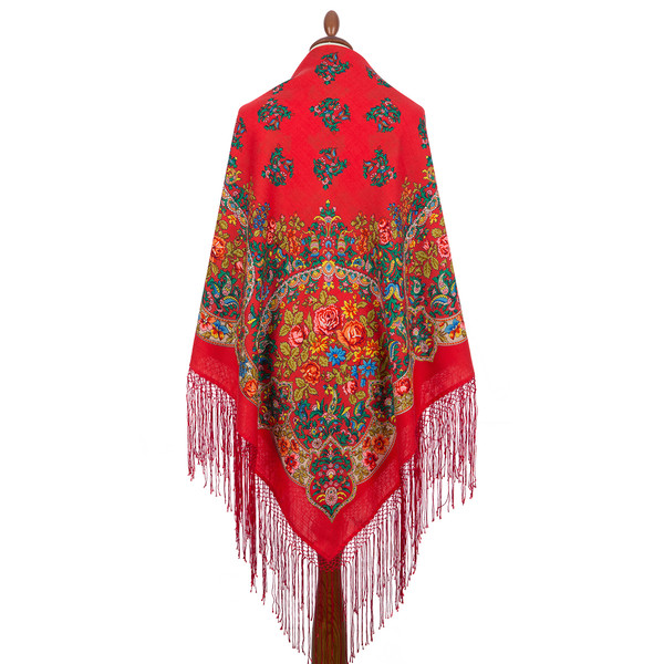 rare red pavlovo posad wool shawl 928-4