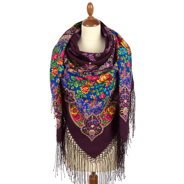 purple women flowers pavlovo posad shawl size 148x148 cm