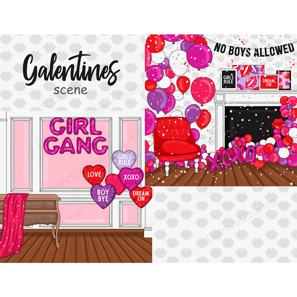 Pink, white, purple, red balloons and confetti decor for a Galentine's Day party in a living room with white walls, a white fireplace and brown laminate floorin