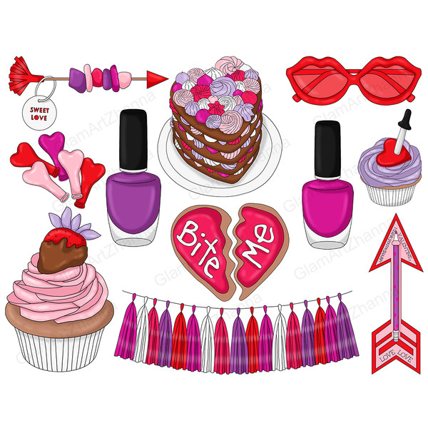 Girls letter balloons for valentine's day, red, white and pink nail polish, valentine's day manicure with hearts, bright pink and purple bows, heart with cupid'