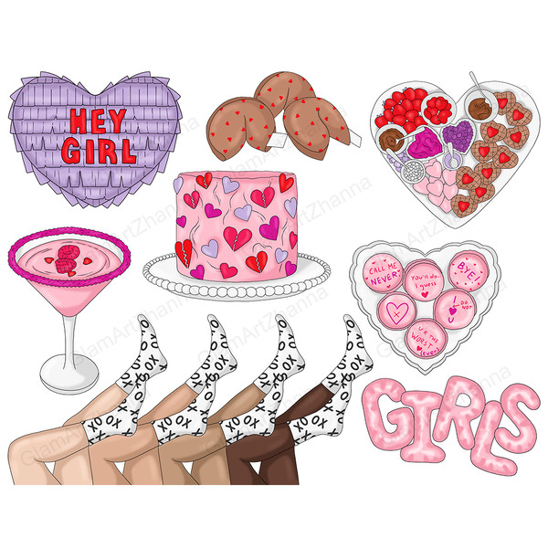 Red-purple-pink garland for valentine's day, sweet tiered cake for Galentine's Day, red lip glasses, non-inflated balloons, purple nail polish, strawberry toppe