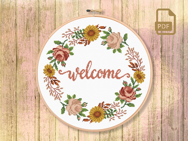 Welcome Cross Stitch Pattern, Home Sweet Home Pattern, Floral Wreath Cross Stitch Pattern, Welcome Pattern, Modern Home Decor #qt_060