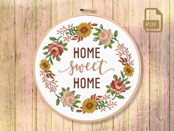 Home Sweet Home Cross Stitch Pattern, Welcome Cross Stitch Pattern, Floral Wreath Cross Stitch Pattern, Quote Pattern, Modern Home Decor #qt_059