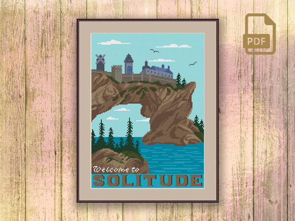 Welcome to Solitude Cross Stitch Pattern, Game Cross Stitch Pattern, Scyrim Cross Stitch Pattern, Retro Travel Cross Stitch Pattern #tv_070