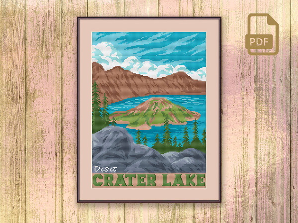 Visit Crater Lake Cross Stitch Pattern, National Park Cross Stitch Pattern, National Park Pattern, Retro Travel Cross Stitch Pattern #ntp_004