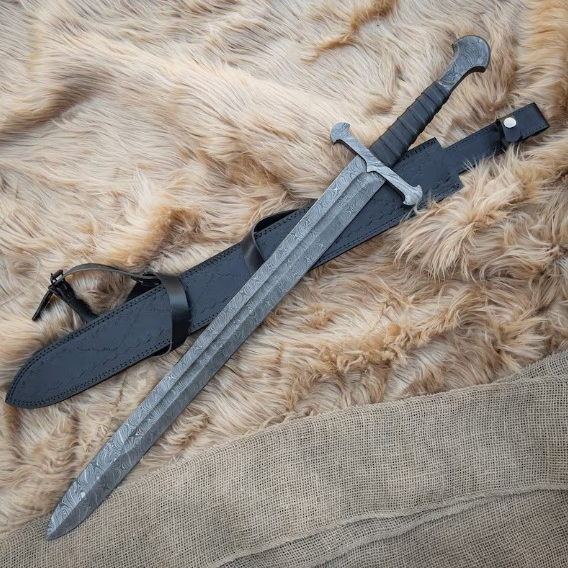 Scorched Earth Damascus Steel Sword- Medieval Hand Forged Collectible Sword W Genuine Leather Back Sheath.jpg