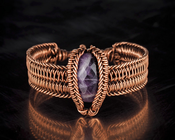faceted amethyst pure copper wire wrapped bracelet bangle handmade jewelry wire wrap art (3).jpeg
