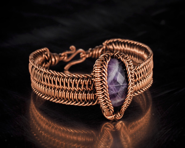 faceted amethyst pure copper wire wrapped bracelet bangle handmade jewelry wire wrap art (2).jpeg