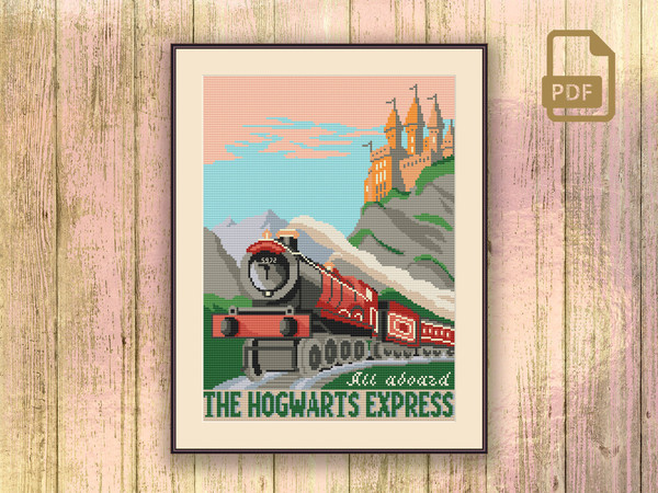 All Aboard the Hogwarts Express Cross Stitch Pattern, Movie Cross Stitch Pattern, Magic Cross Stitch Pattern, Retro Travel Pattern #hp015