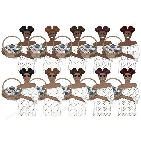 African American girl with space buns hairstyle and black manicure in a white dotted dress in the shape of black hearts holds a brown wicker basket with bunny c