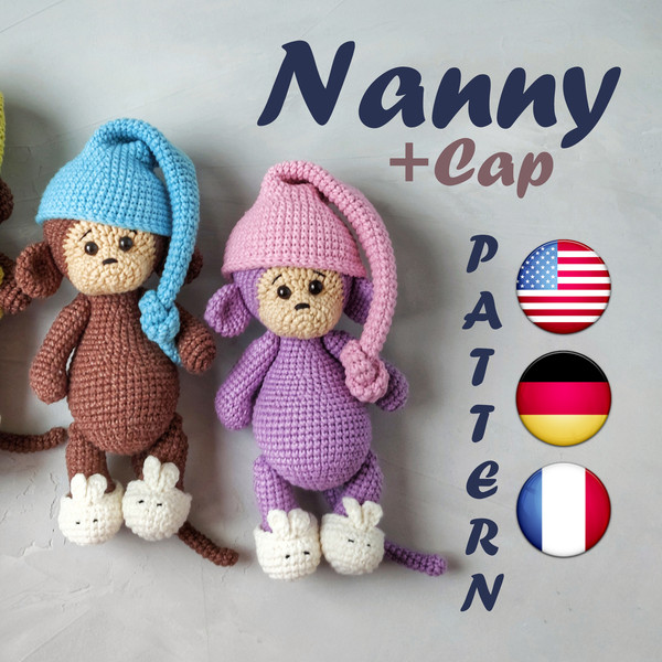 Amigurumi Monkey Crochet Pattern Nanny with sleeping cap and slippers DudziToys.jpg