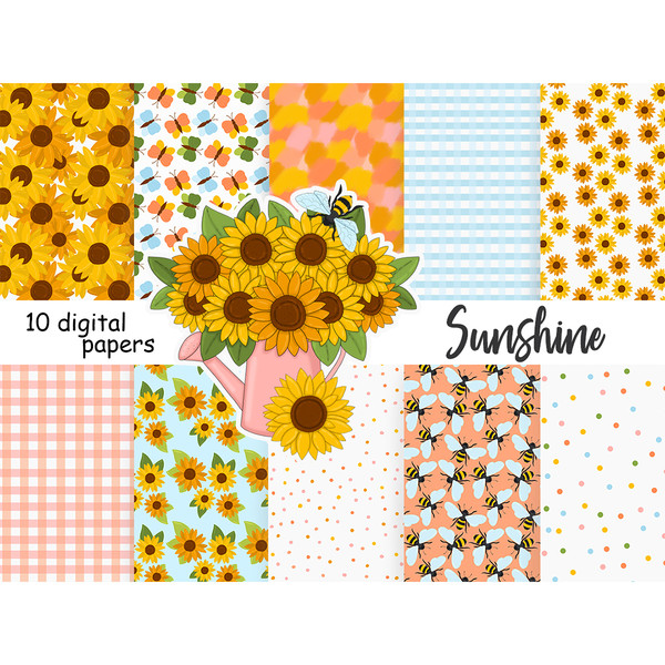 Summer and spring digital papers with sunflowers for crafting and sublimation. Yellow bee patterns. Orange, blue and green butterflies seamless pattern. Blue an