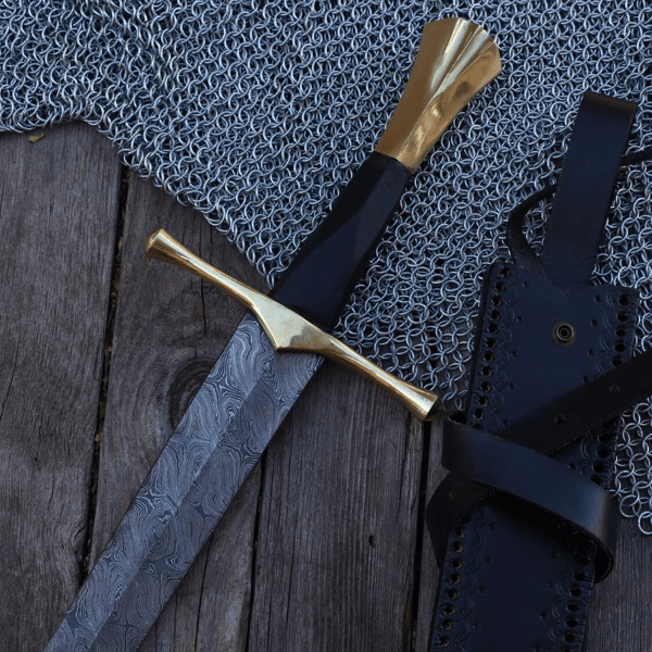 New Horizons Collectible Templar-Style Sword Hand Forged Damascus Steel Medieval Inspired Sword with Leather Sheath Twist Pattern in usa.jpg