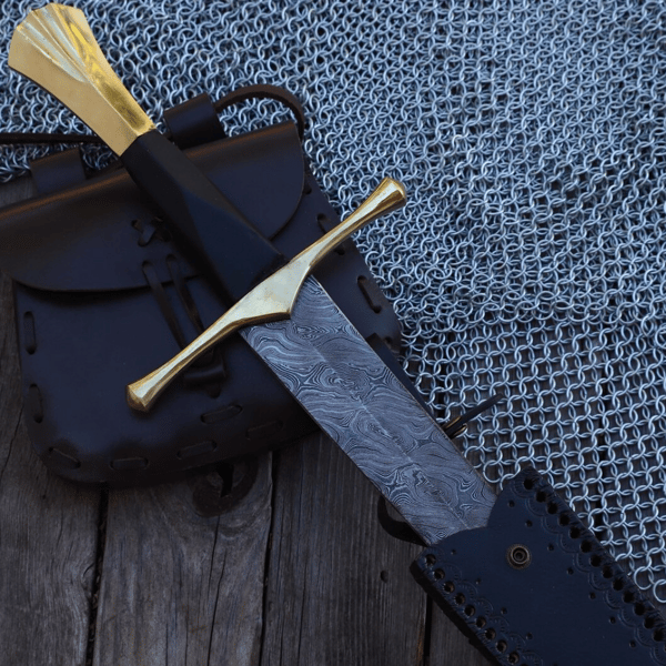 New Horizons Collectible Templar-Style Sword Hand Forged Damascus Steel Medieval Inspired Sword with Leather Sheath Twist Pattern.jpg