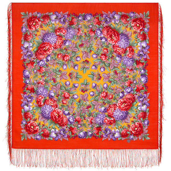 orange flowers pavlovo posad merino wool shawl size 89x89 cm 2009-4 silk fringe