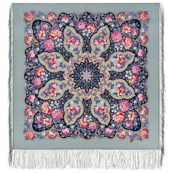 flowers gray pavlovo posad shawl wrap size 89x89 cm silk fringe 1927-1
