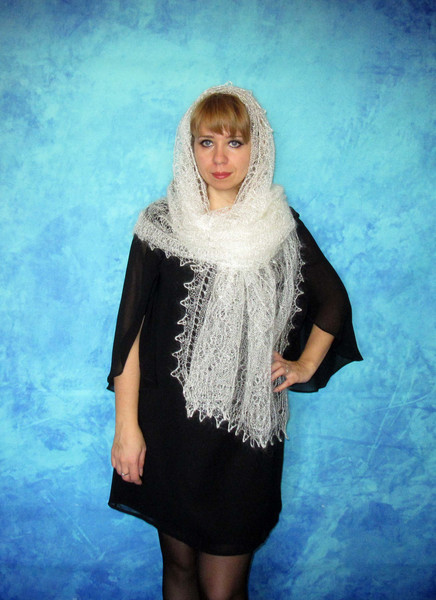 White wool scarf, Hand knit wrap, Lace wedding shawl, Warm bridal cape, Goat down cover up, Russian Orenburg shawl, Handmade stole, Kerchief 2.JPG