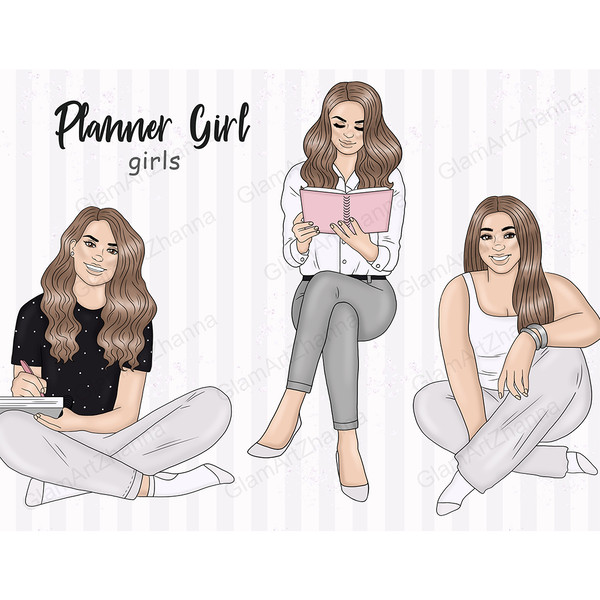 Cliparts of girls Planner Girls. A girl in a black t-shirt and gray pants with a planner sits cross-legged. A girl in a white shirt and gray trousers with a pin