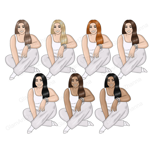 Cliparts of girls Planner Girls. Curvey body-positive boss babes in white t-shirts and gray pants and white socks with silver bracelets sit cross-legged. Variou