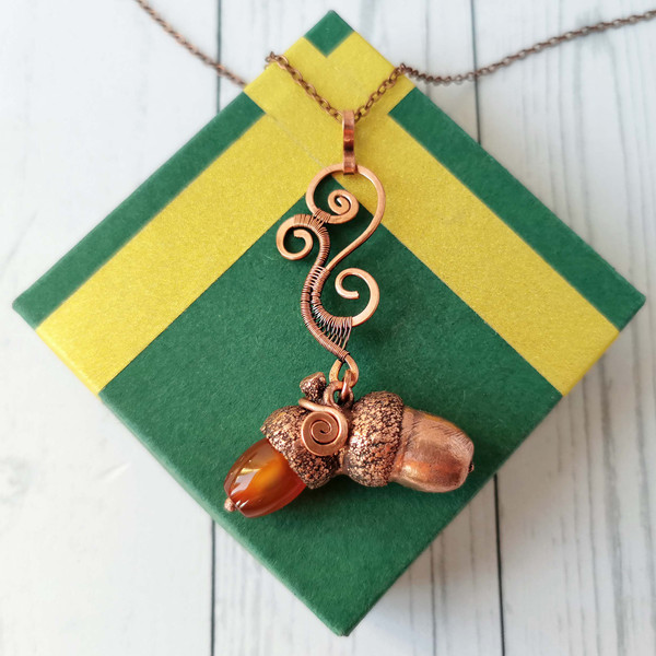 Wire Wrapped Copper Necklace with Real Electroformed Oak Acorn and Carnelian Bead. Carnelian Pendant with Copper Acorn. | DmitriyBrovkoJewelry