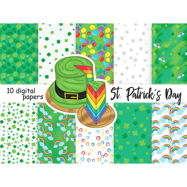Bright green digital papers for st. patrick's day. Green shamrocks patterns. Four leaf clover seamless pattern. Lucky digital backgrounds. Colorful rainbow patt