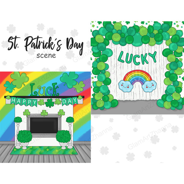 Happy St Patricks Day living room interior with rainbow wallpaper and white fireplace with green letters LUCK and flags with letters HAPPY DAY, green shamrocks.
