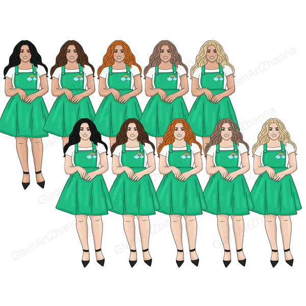 Set of clipart elements for St. Patrick's Day for planner with girls. Girls in white T-shirts, green dresses with a rainbow print on the chest and black sandals