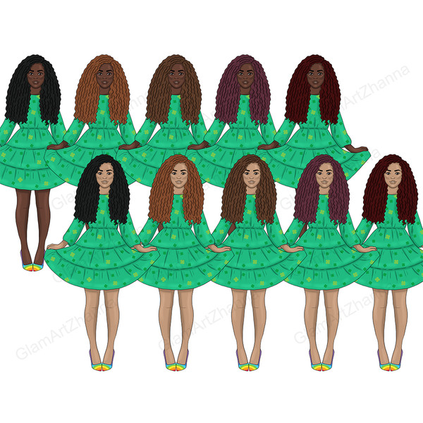Set of clipart elements for St. Patrick's Day for planner with girls. African American girls in green shamrock print dresses and rainbow colored shoes celebrate