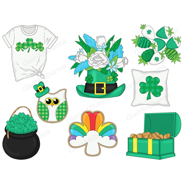 Set of clipart elements for St. Patrick's Day for planner. White T-shirt with shamrock print. Green leprechaun hat with a belt, a badge. The hat is decorated wi