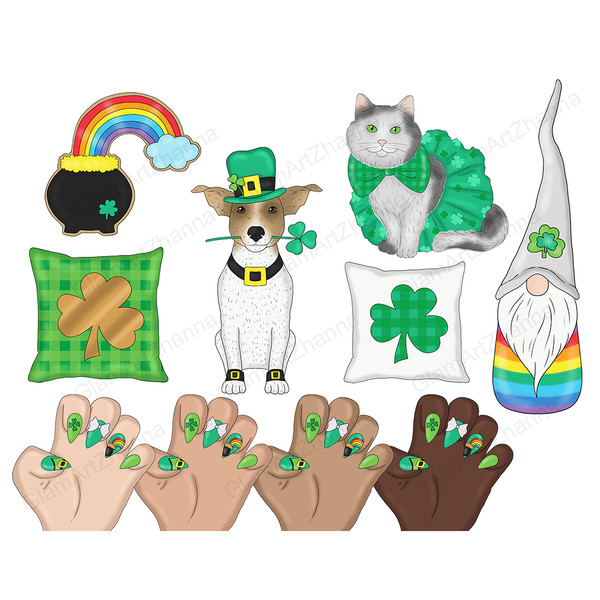 Set of clipart elements for St. Patrick's Day for planner. The rainbow comes out of the pot of gold. A dog with a green hat and a shamrock in his teeth. Cat in 
