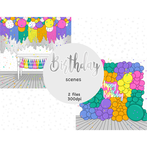 Decor for a birthday party in the living room. Bright balloons on the ceiling. Table decorated with a garland. Multi-colored confetti from crackers. An arch of 