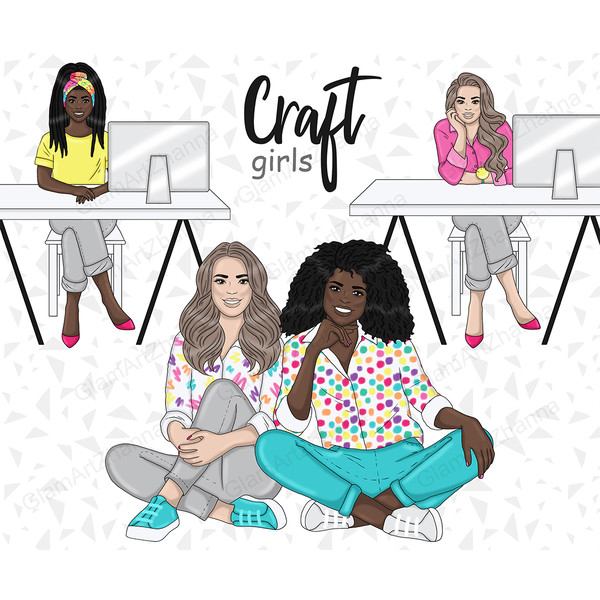 Crafter girls sit at computers and on the floor in colorful clothes. African American crafters.
