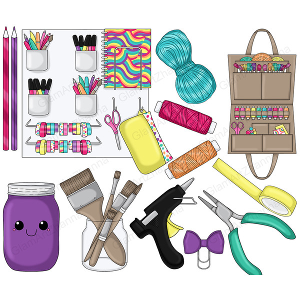 Set of bright clipart elements for planner. Tools for crafting clipart. Shelving unit with colorful markers, pens, ribbons, scissors and a colorful planner. Ope