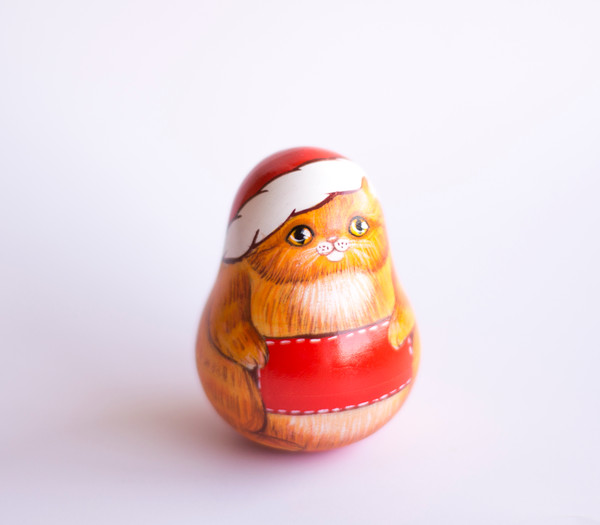 personalized wooden painted roly-poly red cat in Santa's hat