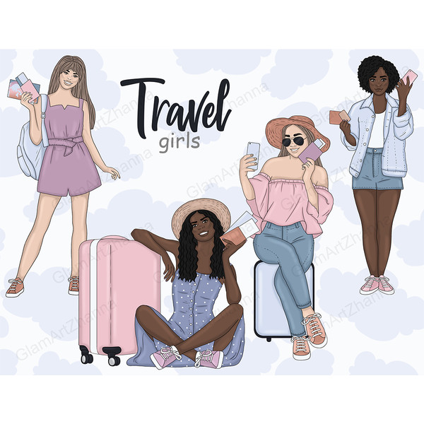 A set of clipart girls who are going to travel by plane. A girl in a purple jumpsuit with tickets in her hands. A girl in a hat sits on a suitcase. An African A