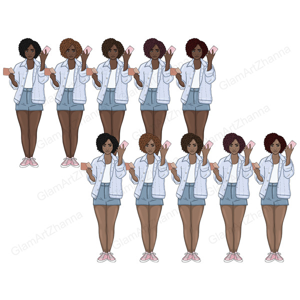 A set of clipart girls who are going to travel by plane. African-American girls in white T-shirts, blue jeans and denim shorts and pink sneakers stand with tick