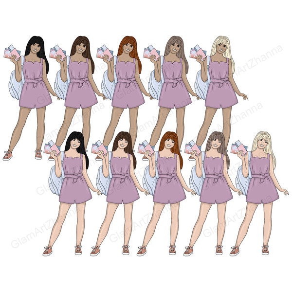 A set of clipart girls who are going to travel by plane. Girls with blue backpacks on their shoulders in purple overalls and brown sneakers stand with air ticke