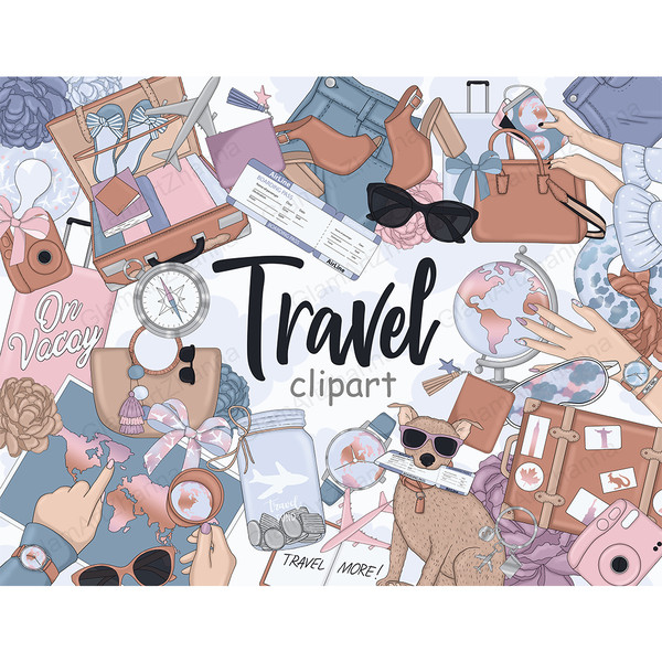 Travel clipart set. Brown suitcases for travel. Brown dog in purple glasses with an air ticket in his teeth. Globe on a stand. Paper map of the world. Glass jar