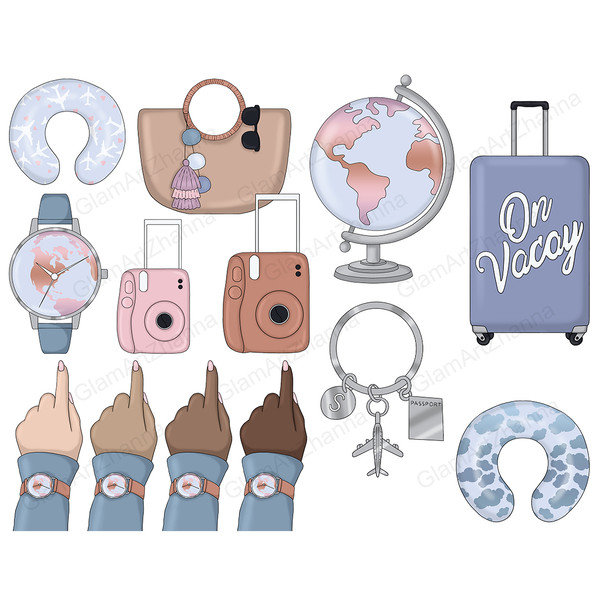 Travel clipart set. Blue Travel pillows for the neck. Brown woven bag with ring handle and black glasses. Globe on a stand. Blue suitcase labeled On Vacay. Pink