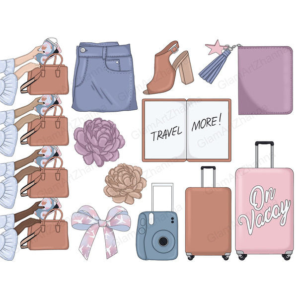 Travel clipart set. The girl puts the phone with the power bank in a brown leather bag. Folded blue jeans. Peony buds. Brown heeled sandals. Travel suitcases. I