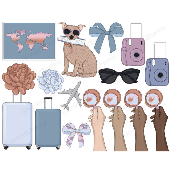 Travel clipart set. Paper map of the world. Brown dog in purple sunglasses with an air ticket in his mouth. Blue bow. Blue and purple instant cameras. Blue suit