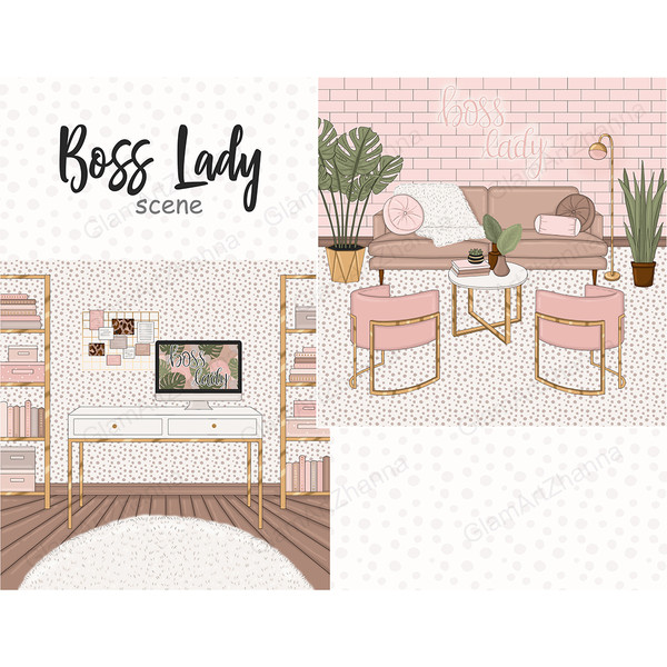 Pastel glamorous trendy room interiors with home workspaces for business girl, business lady, boss babes and planner girls. Luxurious home interior with furnitu