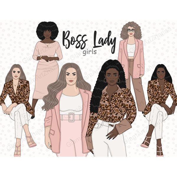 Set of pastel pink Boss Lady clipart. Curvy women and boss babes wore pink dresses and business suits with brown leopard print tops and white trousers. African 