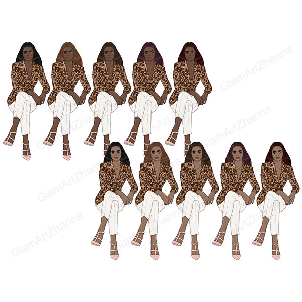 Set of colorful Boss Lady clipart. African American businesswomen and boss babes with dark lipstick in brown cheetah leopard print jackets, pink sandals and whi