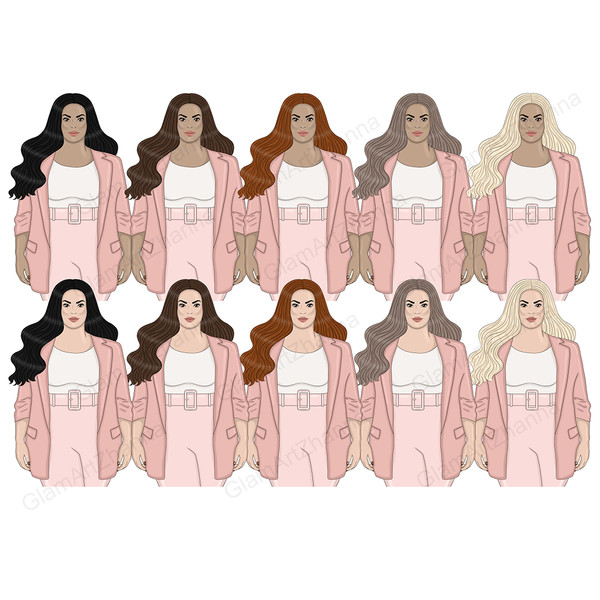 Set of pastel pink Boss Lady clipart. Curvy body positive long haired business women and boss babes with dark pink lipstick in white t-shirts and trendy pink bu