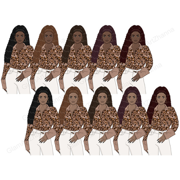 Set of colorful Boss Lady clipart. African American businesswomen and boss babes with long curly hair and dark green manicure in fashionable brown shirts with l