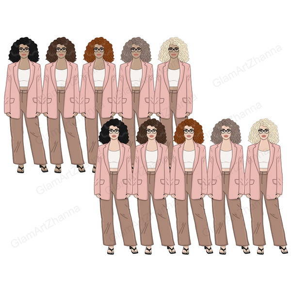 Set of pastel pink Boss Lady clipart. Business women and boss babes with shoulder-length curly hair in black manicured glasses stand in white tops, pink busines