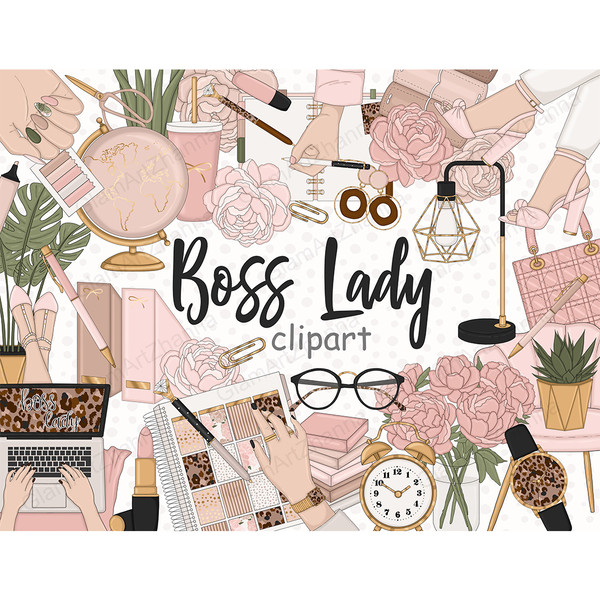 Set of pastel pink Boss Lady clipart. Planner office supplies. Agenda. Pink peonies in a glass vase. Girl's hands on a laptop. Women's legs in pink sandals. Pin