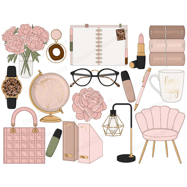 Set of pastel pink Boss Lady clipart. Planner office supplies. Pink peonies in a glass jar. open planner. Pink lipstick. A stack of planners. Fashionable pink b
